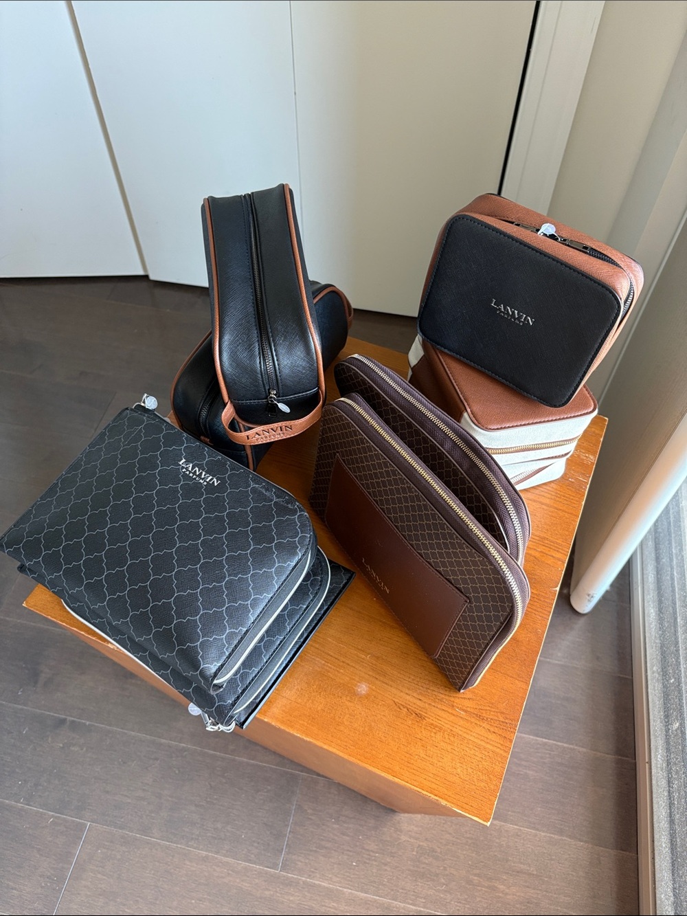 Lanvin Black and Brown Leather inflight travel Toiletry Bag Collection set of 10 - Picture 2 of 5